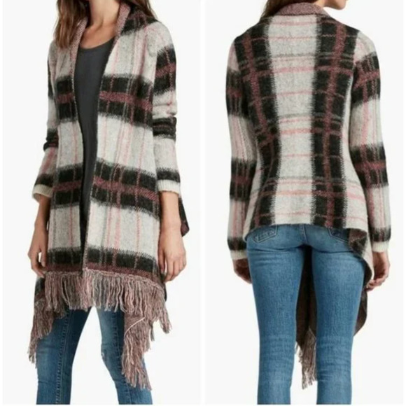 LUCKY BRAND Women MEDIUM Pink Wool Mohair Blend Brush Plaid Open Front Cardigan - Picture 2 of 14